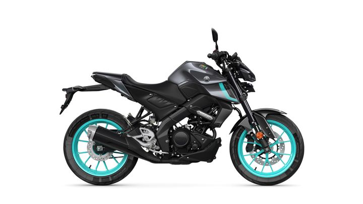 A sleek black motorcycle with turquoise accents, showcasing a modern design and sporty features, positioned against a white background.
