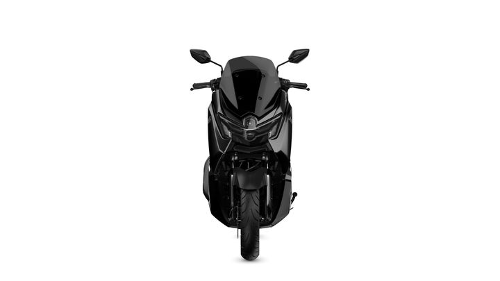 A sleek black motorcycle viewed from the front, showcasing its aerodynamic design, headlight, and handlebars against a white background.