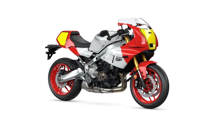 Yamaha 2024 XSR 900 GP A stylish motorcycle with a silver and red body, featuring yellow accents, a sporty design, and modern elements, positioned against a white background.