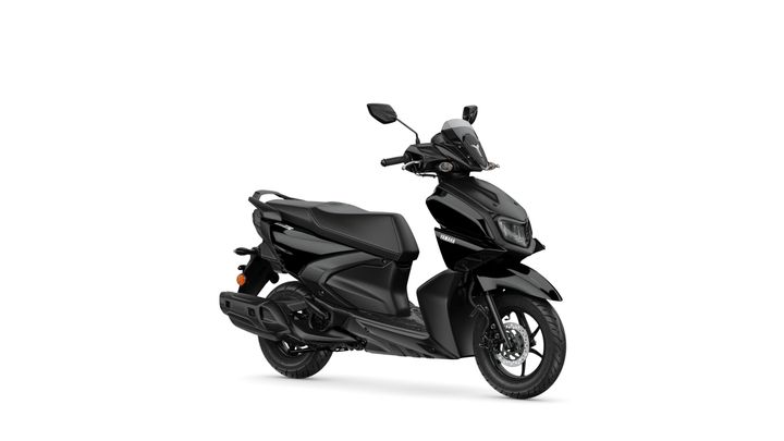 A sleek, black Yamaha scooter positioned at an angle, showcasing its aerodynamic design, dual headlights, and front mirrors against a white background.