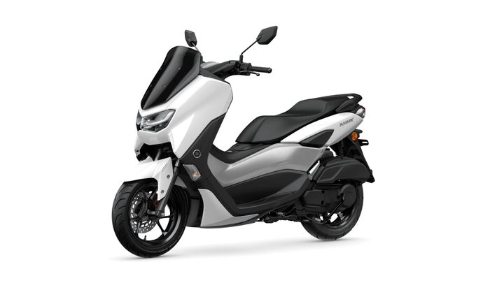 A sleek white and black scooter with a modern design, featuring a prominent front headlight and a comfortable seat, positioned on a plain white background.