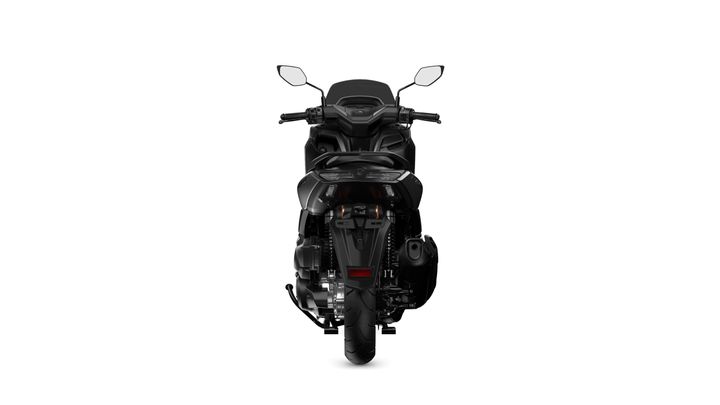 A black motorcycle viewed from the front, showcasing its sleek design, handlebars, and mirrors against a white background.