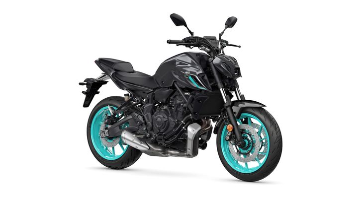 A sleek black motorcycle with turquoise-accented wheels and elements, positioned at a slight angle to showcase its design and features.