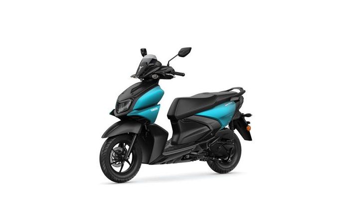 A sleek, modern scooter in a combination of black and vibrant turquoise, featuring a streamlined design, front windshield, and clear headlight, positioned at a slight angle to showcase its profile.