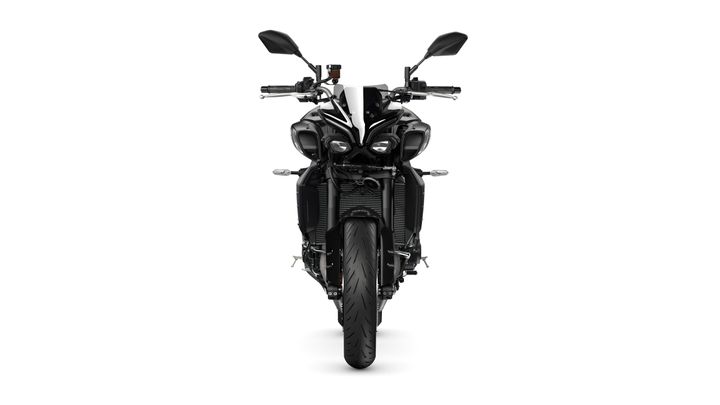 Front view of a sleek black motorcycle with dual headlights, a modern design, and a wide tire, set against a white background.