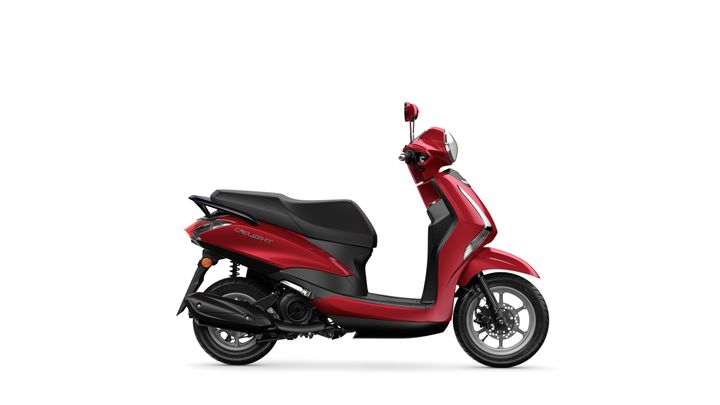 A sleek red scooter in profile view, featuring a black seat and modern design elements.