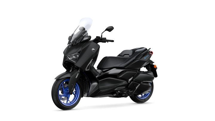A sleek black scooter with blue wheels and a windshield, featuring a modern design and ergonomic seat.