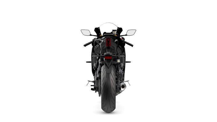 A rear view of a sleek, modern motorcycle with a black finish, featuring a prominent rear tire, dual exhaust, and distinctive tail lights against a white background.