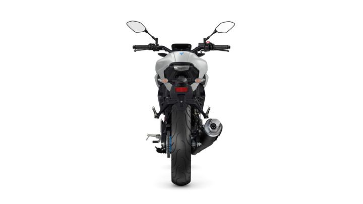 Front view of a modern motorcycle, showcasing the rear tail design, dual exhaust, and sleek body contours against a white background.