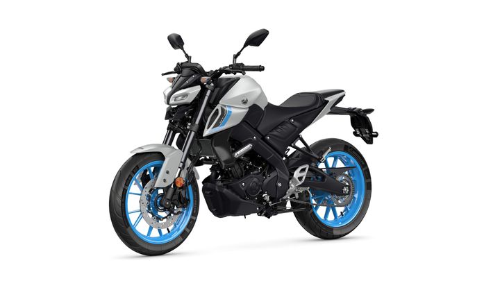 A modern motorcycle with a sleek gray body and bright blue rims, positioned at an angle to showcase its design and features.