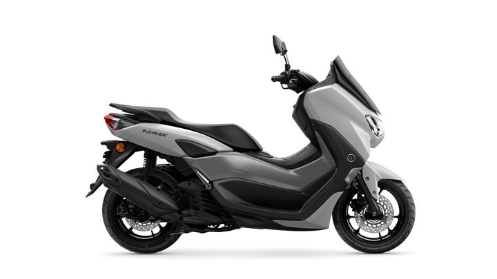 Yamaha NMAX scooter in a sleek gray design, showcasing its streamlined body, front mirror, and rear tail light. The scooter is displayed against a white background.