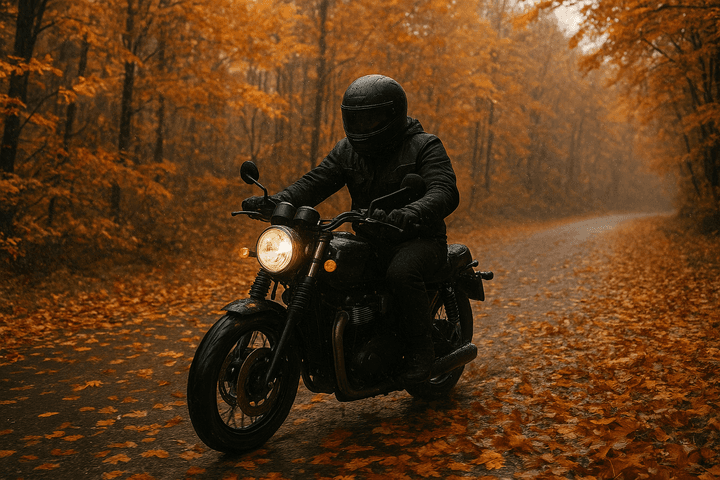 A person wearing a black helmet and clothing rides a motorcycle along a leaf-covered, winding path in a dense forest filled with orange and yellow foliage, creating an autumnal atmosphere.