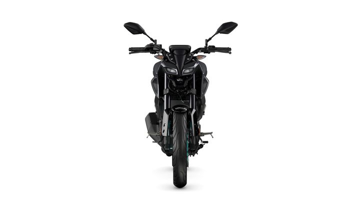 A front view of a sleek, black motorcycle with distinctive LED headlights, handlebars, and a single front tire on a white background.