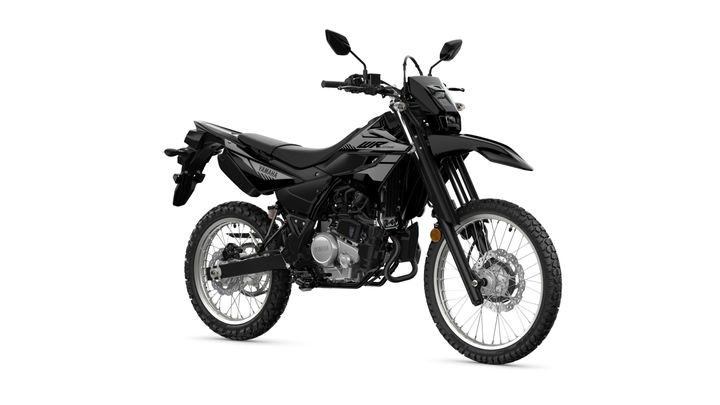 A black Yamaha WR250R motorcycle with off-road tires and a sleek design, shown from the side against a white background.