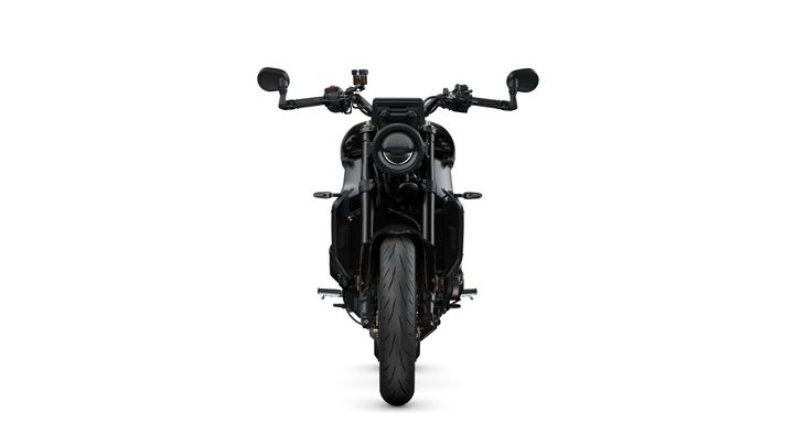 Front view of a sleek black motorcycle showcasing its handlebars, headlight, and thick front tire against a white background.