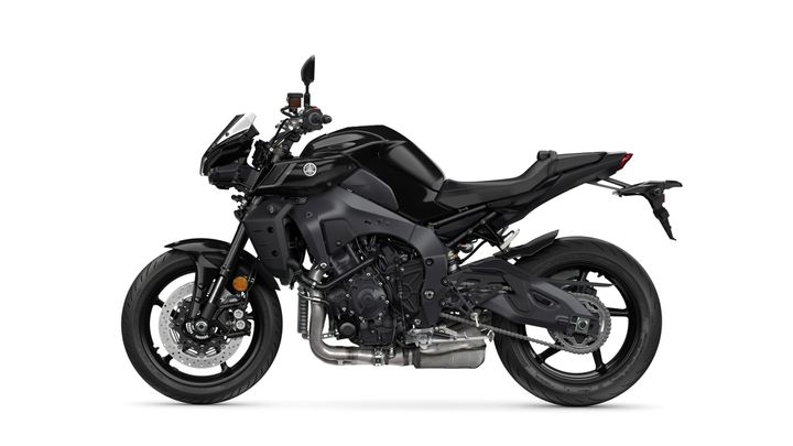 A black motorcycle with a modern design, featuring a prominent front end, sleek bodywork, and aggressive stance, positioned against a white background.