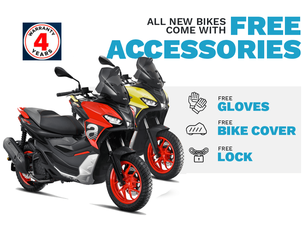 Image of two scooters side by side, one in red and the other in yellow, with promotional text highlighting a 4-year warranty and free accessories including gloves, a bike cover, and a lock.