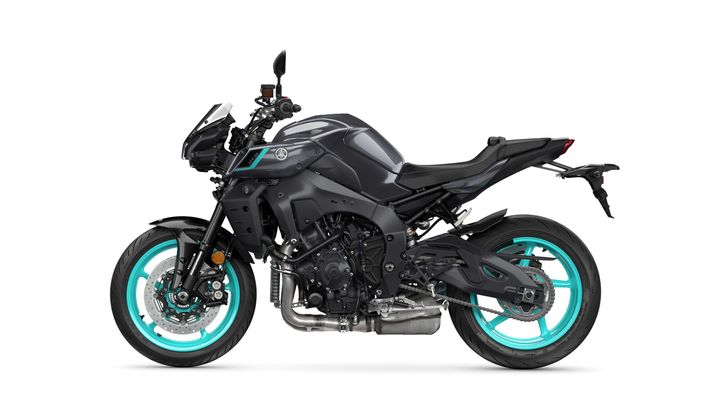 A side view of a modern motorcycle with a sleek black design and turquoise-accented wheels, showcasing its sporty style and advanced features.