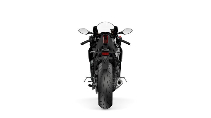 A rear view of a black sports motorcycle displayed against a plain white background.