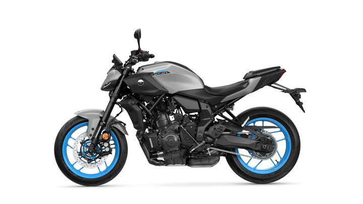A sleek, modern motorcycle with a gray body and blue wheels, showcasing a sporty design and contemporary aesthetic.