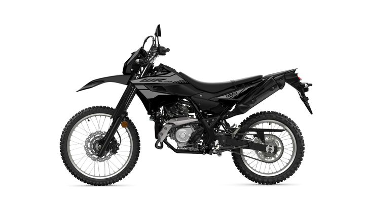 A black Yamaha WR dirt bike displayed from a side view on a white background.
