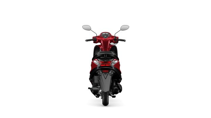 A red scooter viewed from the rear, showcasing its sleek design, handlebars, and rear light against a white background.