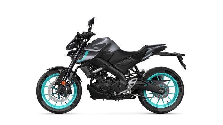 A sleek black motorcycle with turquoise accents, showcasing a modern design. The bike features spoked wheels, a sporty frame, and a minimalist seat, captured from a side angle against a white background.