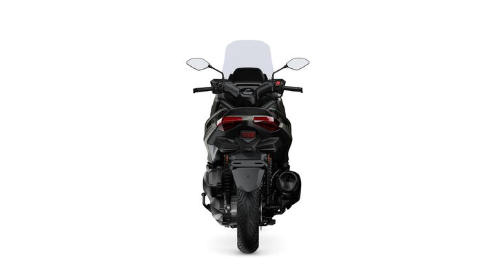 A sleek black motorcycle is shown from the rear, featuring a transparent windscreen, twin rear lights, and a prominent exhaust. The bike sits on a single rear tire.