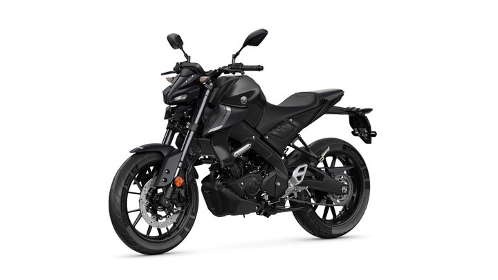 A sleek black motorcycle with a modern design, featuring angular bodywork, a single seat, and sporty tires. The bike is positioned on a white background, showcasing its front and side views.