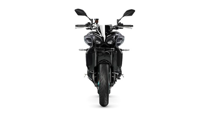 A front view of a sleek black motorcycle with prominent headlights, a narrow body, and a large front tire, set against a white background.