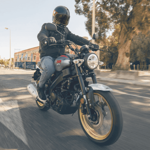 A rider in a black helmet and jacket is riding a motorcycle with a silver and black body, featuring gold rims, on a street lined with trees and buildings in the background.