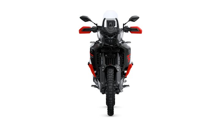Front view of a sleek, modern motorcycle featuring a black and red color scheme, robust tires, and a transparent windscreen, positioned against a white background.