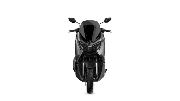 A sleek black scooter is positioned frontally, showcasing its aerodynamic design, headlight, and handlebars against a white background.