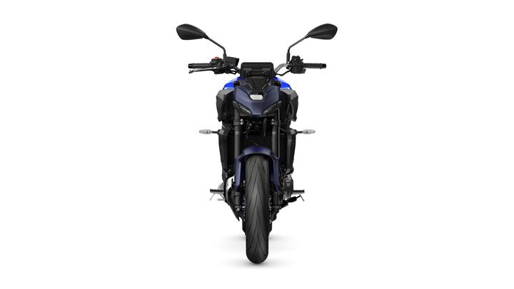 Front view of a sleek, modern motorcycle with a black and blue color scheme, featuring a distinctive headlight design, handlebars, and a wide tire.