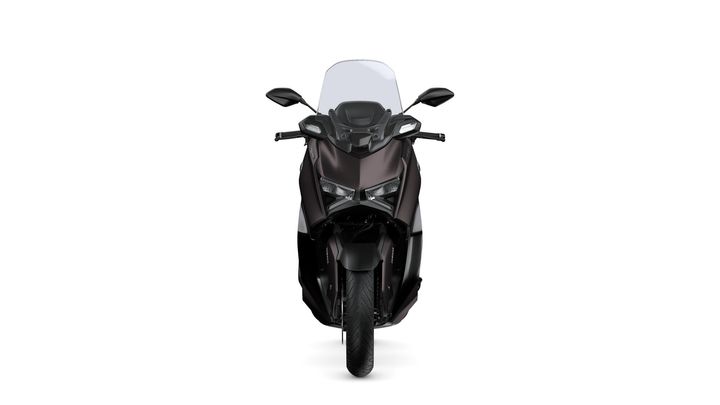 A front view of a sleek black scooter with a clear windshield, featuring modern headlights and a streamlined design.