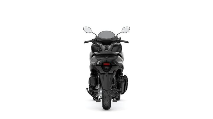 A black motorcycle viewed from the rear, showcasing its sleek design, handlebars, and tail lights against a plain white background.