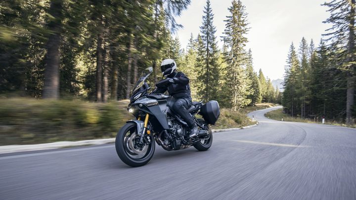 A motorcyclist in black gear rides a sleek motorcycle along a winding road surrounded by tall trees and natural scenery.