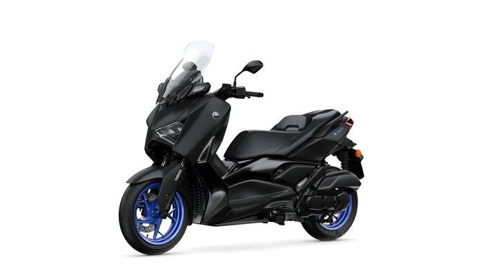 A sleek, black Yamaha XMAX scooter with blue accents, featuring a tall windscreen, comfortable seat, and modern design, positioned diagonally against a white background.
