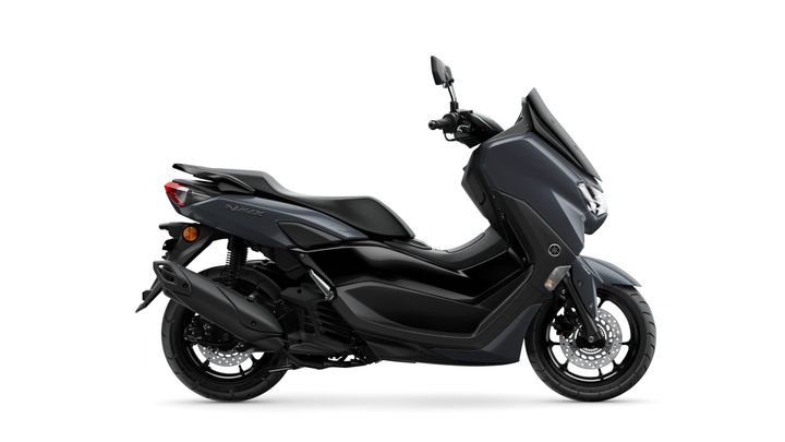 A sleek, black Yamaha NMAX scooter shown from the side, featuring a streamlined design and modern styling, with a focus on the seat, handlebars, and wheels.
