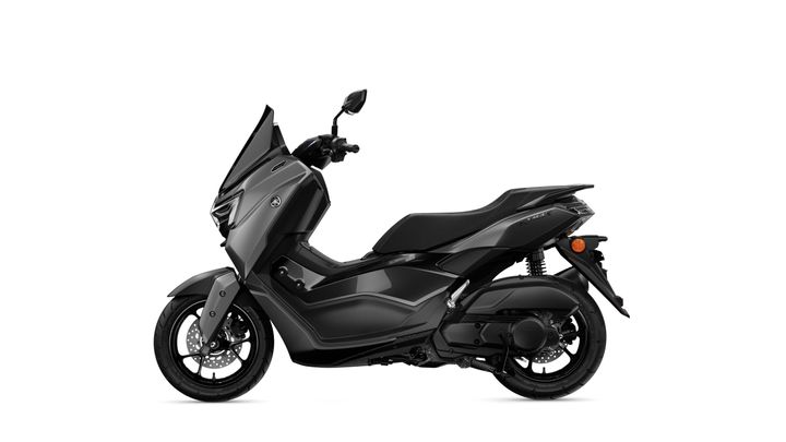 A sleek, modern black scooter featuring a streamlined design, prominent front shield, and sporty wheels, displayed at a side angle against a minimalistic white background.