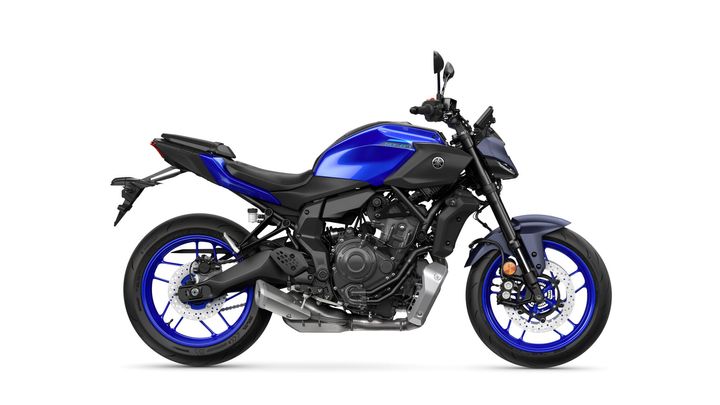 A blue and black Yamaha motorcycle with a modern design, featuring sporty wheels and a sleek body, displayed against a plain white background.