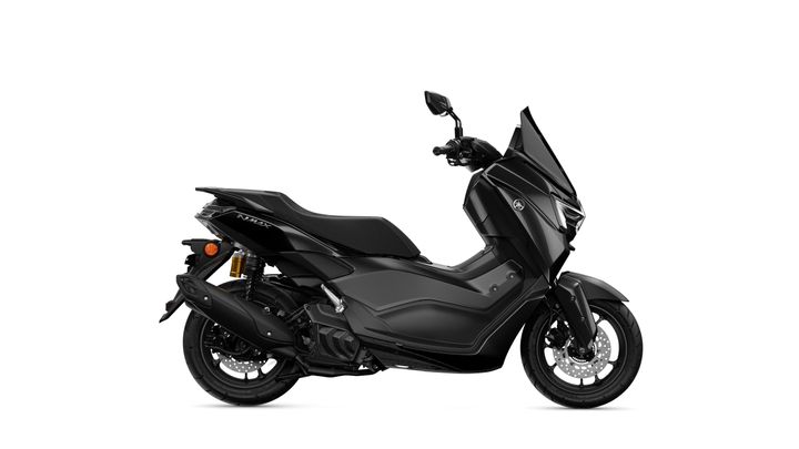 A sleek black scooter with a modern design, featuring a large windscreen, comfortable seat, and prominent wheels, positioned against a white background.