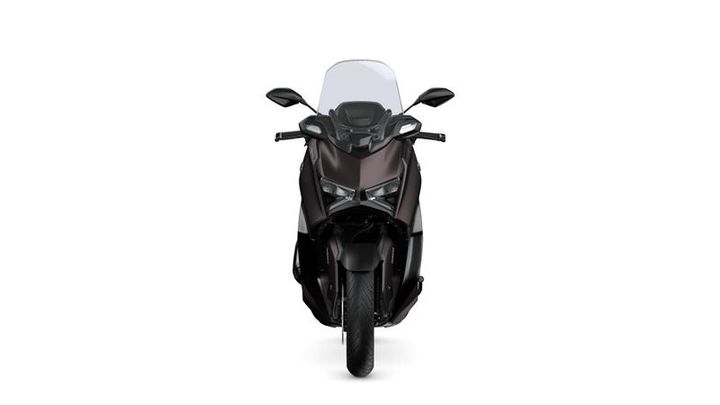 A sleek black and metallic brown scooter facing forward, featuring angular headlights and a windshield, set against a white background.