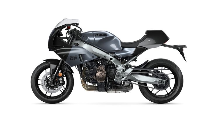 A sleek Yamaha XSR900 GP motorcycle in metallic gray, showcasing its sporty design, front fairing, and distinctive chassis.