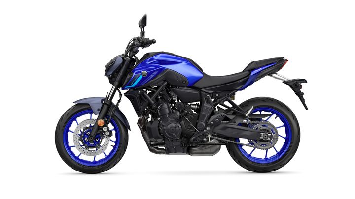 A blue and black motorcycle with a sleek design, showcased from the side, featuring distinctive blue wheels and modern styling elements.