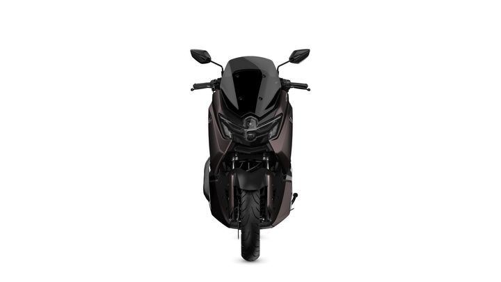 Front view of a sleek, modern black scooter with a prominent headlight and aerodynamic design, set against a white background.
