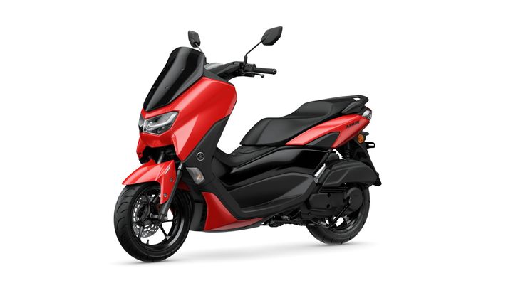 A bright red scooter with a sleek design, featuring a black seat and accents, positioned at a slight angle against a white background.