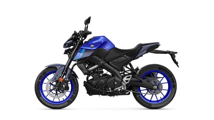 A blue and black motorcycle with a sleek design, featuring a sporty front, modern handlebars, and blue-accented wheels, displayed against a white background.