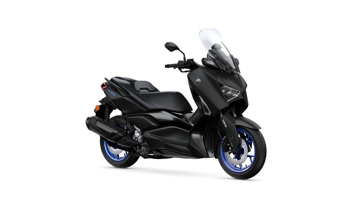 Yamaha 2025 XMAX 300 Yamaha 2025 XMAX 300 A sleek black Yamaha XMAX scooter with blue accents and a transparent windscreen, positioned at an angle to showcase its design.