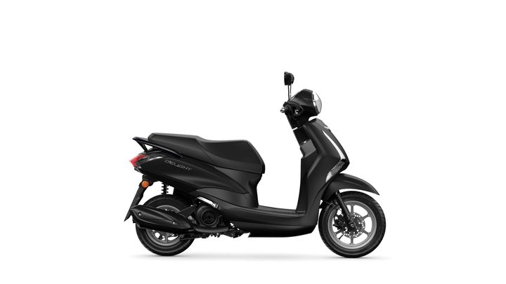 A sleek black scooter with a streamlined design, showcasing a prominent front headlight and rear tail light, positioned against a white background.